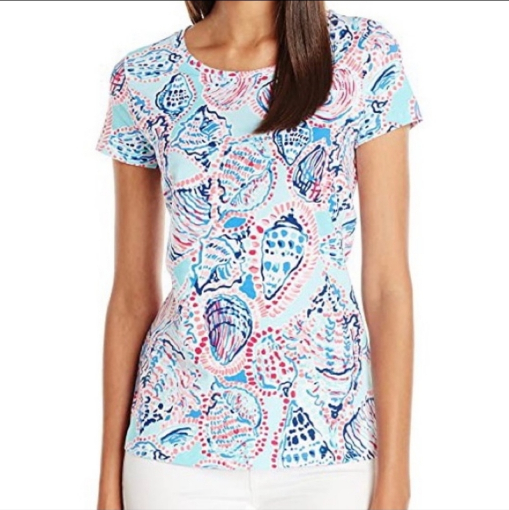 Lilly Pulitzer Karrie Short Sleeve Blue Pink Shell Me About It Cotton Tee Sz S